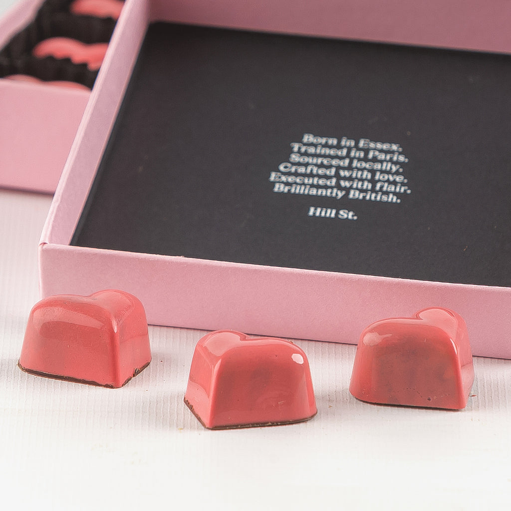 A Hill St. Luxury Chocolate Box of 9 Raspberry Caramel Hearts